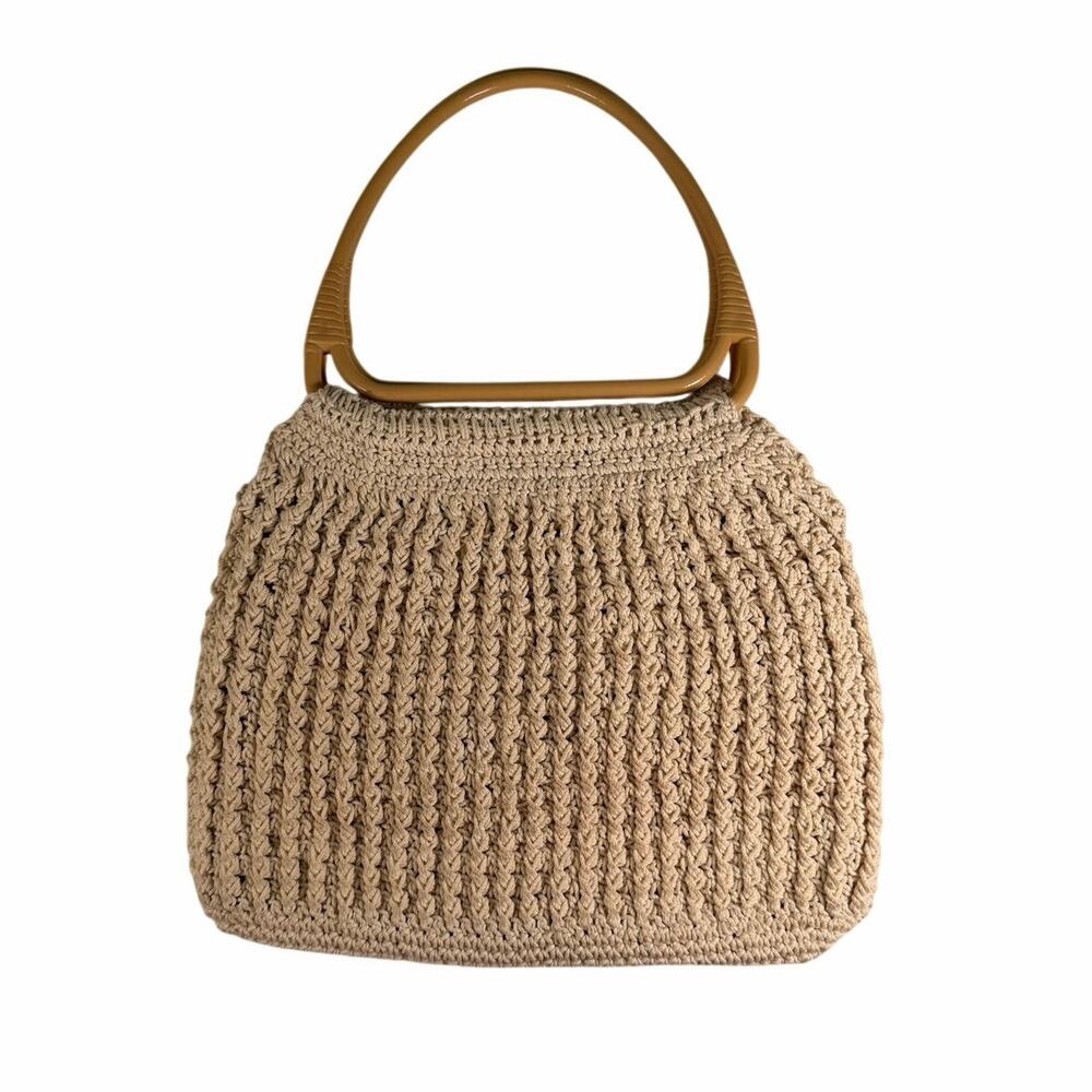 Vintage Cream Crochet Handbag with Lucite/Bamboo Style Handles